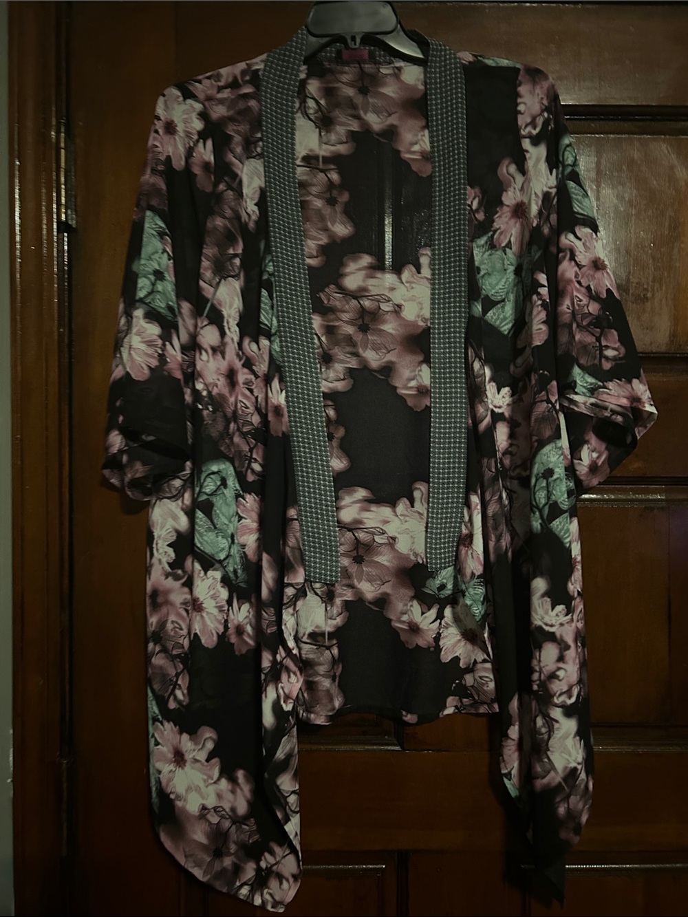mark. Floral Satin Kimono Robe in Black, Pink and Mint